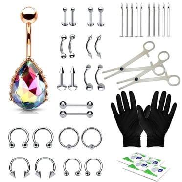 BodyJ4You Kit de Perçage PRO 36 Pcs Acier Doré Rose 14G 16G Pendentif Ventre Langue Mamelon Bijoux
