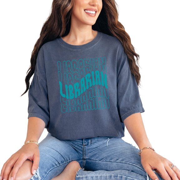 Librarian, Library Themed, Groovy Retro Wavy Text, Denim Comfort Colors T-Shirt, Small