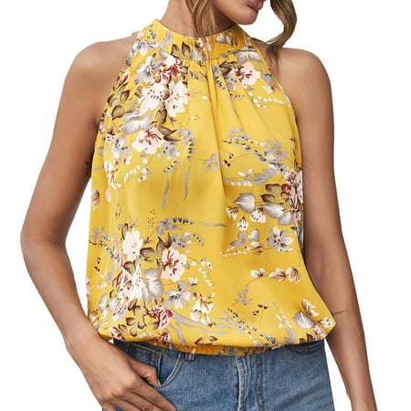 

Fsqjgq Basics Womens Pajamas Set Womens Summer Fashion Top Temperament Printed Bow Tie Halter Neck Off Shoulder Sleeveless T Shirt Tops Women Work Polyester Spandex Yellow L
