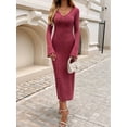 thumbnail image 6 of Womens V Neck Casual Knitted Long Sleeve Maxi Dress Slim Fit Ribbed Out Fall Winter Fashion Clothes Wine Red M, 6 of 7