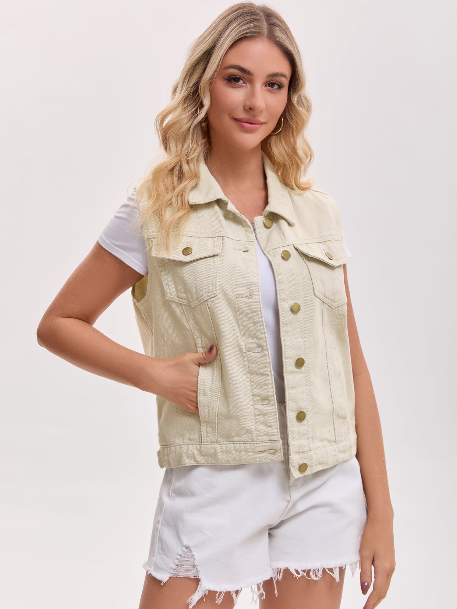 DARING DIVA Womens Denim Vest Button Down Jacket Sleeveless Jean Jacket L Oyster