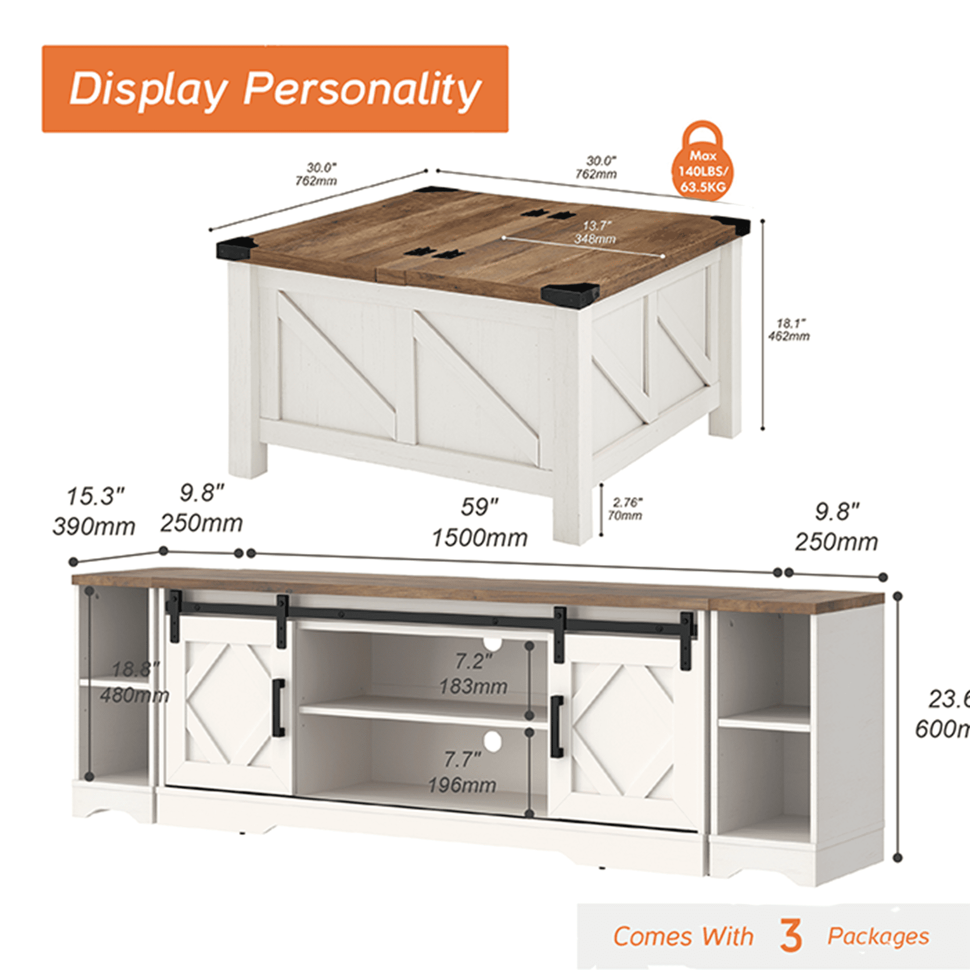 WAMPAT Farmhouse 85 inch TV Stand and Coffee Table Set of 2, Entertainment Center for TVs Up to 85", 30 inch Square Wood Coffee Table with Gas Spring Flip-Top for Living Room,Cream White