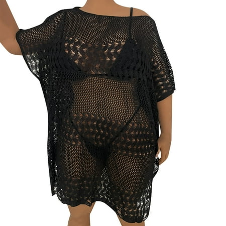 HYSYSB Cover Ups for Swimwear Women mesh Dress shirt Cover Ups for Swimwear Women sheer Dress summer Large Womens Fashion Hollow Sexy Beach Bikini Blouse Dress swim Cover Up for Women Black 4XL