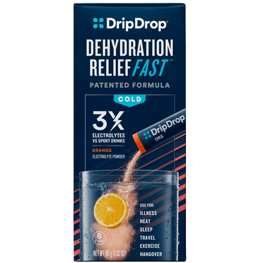 DripDrop Electrolyte Powder Drink Mix for Dehydration Relief Fast, Orange, 0.35 oz, 8 Count Packets