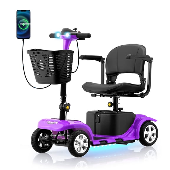 Arshin Upgrade 4 Wheels Mobility Scooter with Removable Battery,Compact Heavy Duty Mobile for Travel,Foldable Powered Wheelchair for Adult,300lbs,Purple