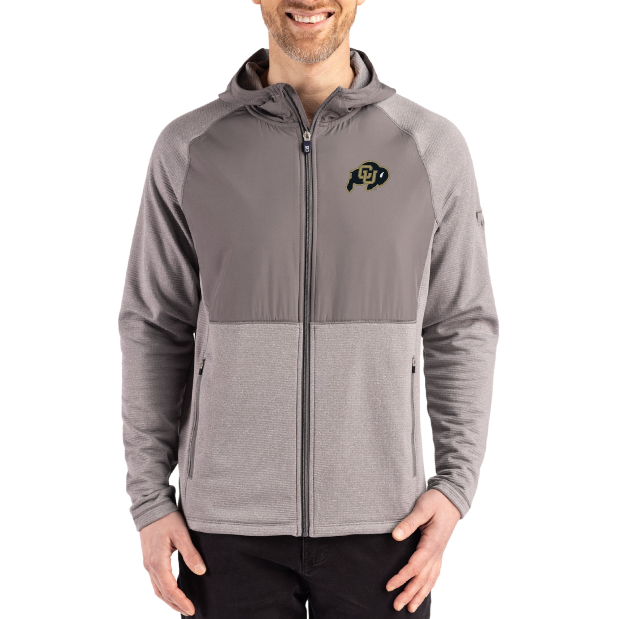 Men's Cutter & Buck Heather Gray Colorado Buffaloes Peshastin Eco Fleece Recycled Raglan Full-Zip Tri-Blend Hybrid
