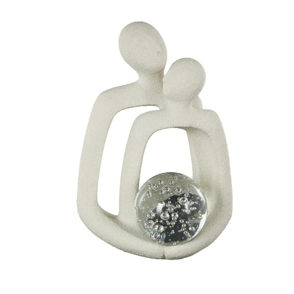 10" x 15" White Polystone Abstract Textured People Sculpture with Clear Glass Orb and Black Speckles, by DecMode