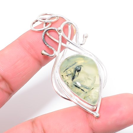 Tourmalated Prehnite - South Africa Designer Handmade 925 Sterling Silver Pendant 2.34" P84057, Christmas Gift
