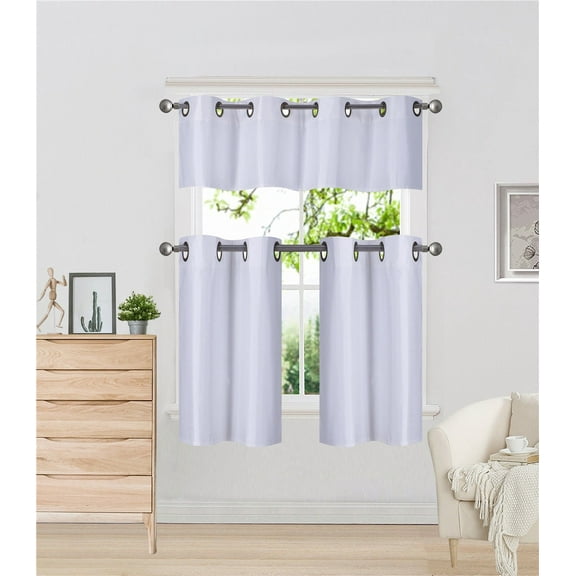 K7 White 3-Piece Insulated Blackout Curtain Treatment with Grommets for Small Windows , Set Includes Two (2) Panels 28"W x 24"L Each and One (1) Matching Valance 56"W x 14"L