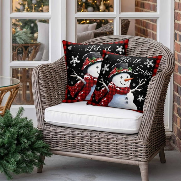 Outdoor Waterproof Pillow Covers Xmas Snowman Red Buffalo Plaid Decorative Throw Pillow Protectors for Patio Sofa Garden Couch,18x18in 2 Pack