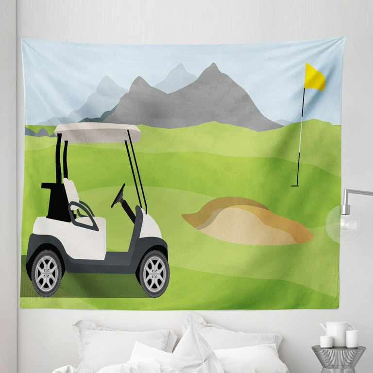 Golf Course Scene Tapestry Cartoonish Golf Club Themed Mountains Little Car and Flag Fabric Wall Hanging Decor for Bedroom Living Room Dorm 5