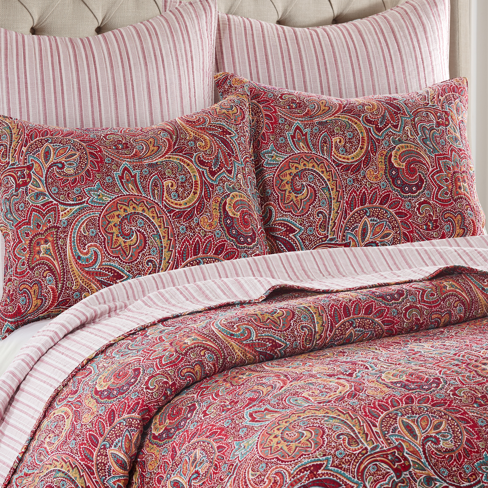 Levtex Home - Kimpton Quilt Set - Full/Queen Quilt and Two Standard Shams - All Over Paisleys in Burgundy ,Red - Quilt (88x92in.) and Shams (20x26in.) - Reversible - Cotton/Cotton