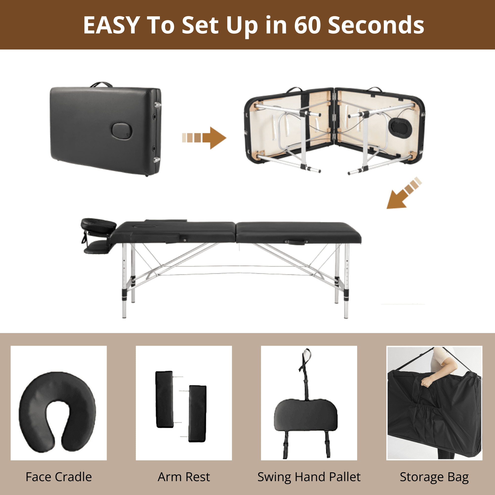 TrumanPick Massage Table Portable 84"L x 32"W Massage Bed 2-Section Foldable Spa Tables Aluminum Lash Bed with Carrying Case & Face Cradle, Hight Adjustable, Black