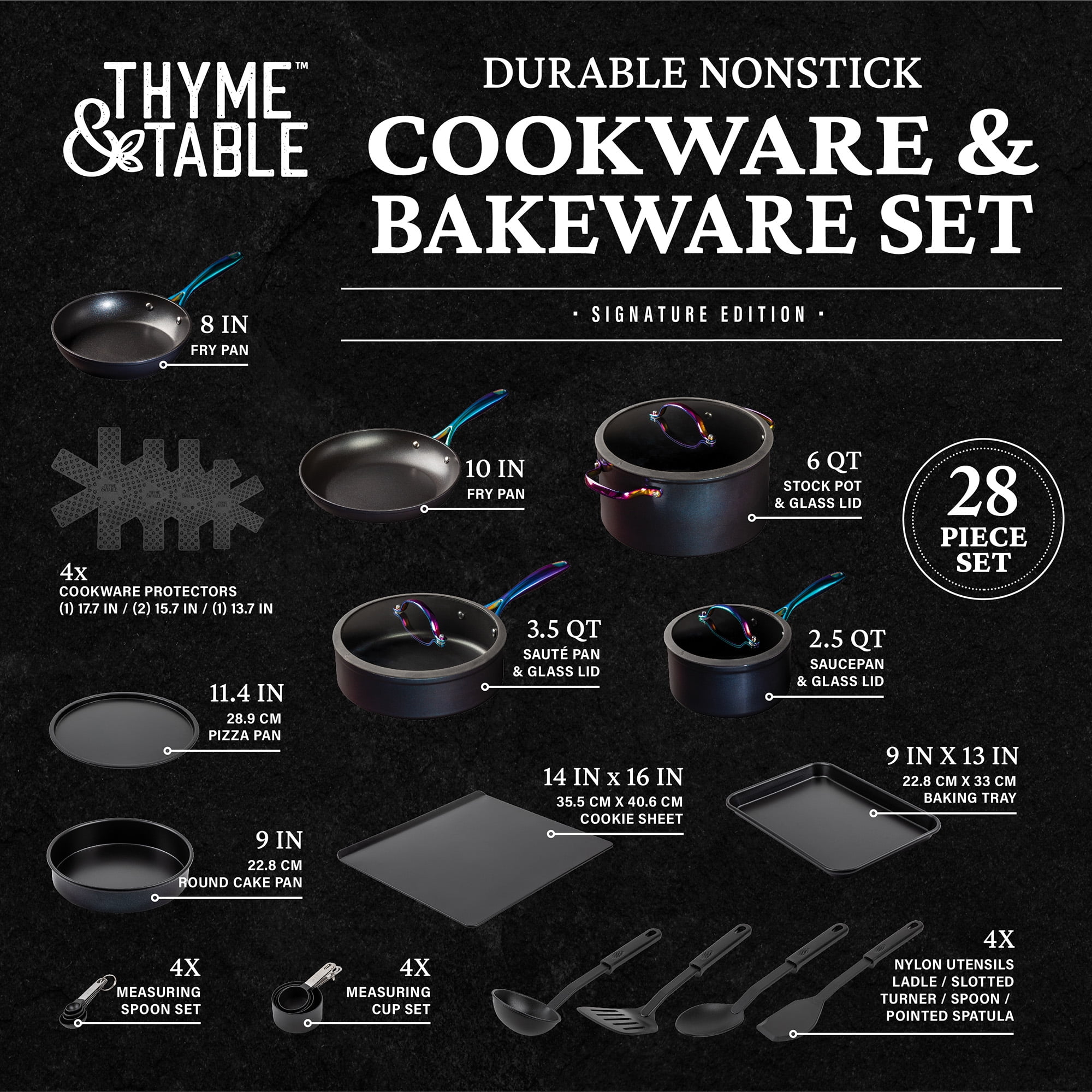 Thyme & Table Non-Stick Cookware & Bakeware, Rainbow, 28-Pieces Set
