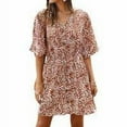 thumbnail image 4 of Femmes Robe V Cou Vêtements d'Été Imprimé Floral Courte Fille Bouton Robe Manches Robe, Orange, L, 4 of 6
