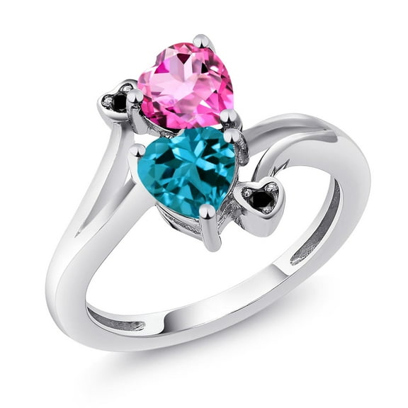 Gem Stone King 925 Sterling Silver Pink Mystic Topaz London Blue Topaz and Black Diamond Ring for Women (1.93 Cttw, Heart Shape 6MM, Gemstone Birthstone, Size 5)