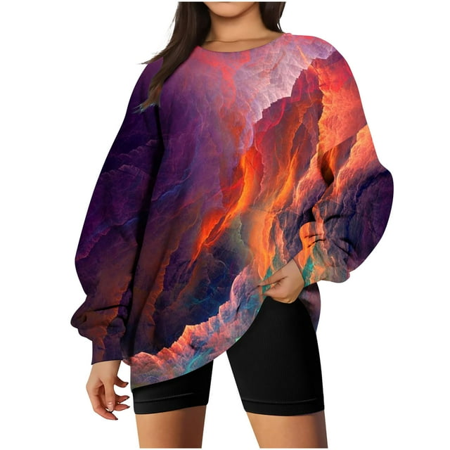 Hauts d'Été à Manches Longues pour Femmes Mode Décontractée Impression Col Rond Manches Longues Chandail en Molleton Ample Blouse d'Automne Pull Hauts Col Haut pour Femmes Hauts et Blouses d'Été