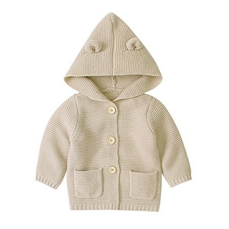 

BIZIZA Coat for Infant Knitted Solid Color Long Sleeve Tops Hooded Button Up Pockets 6M-3Y Chlid Baby Khaki 90