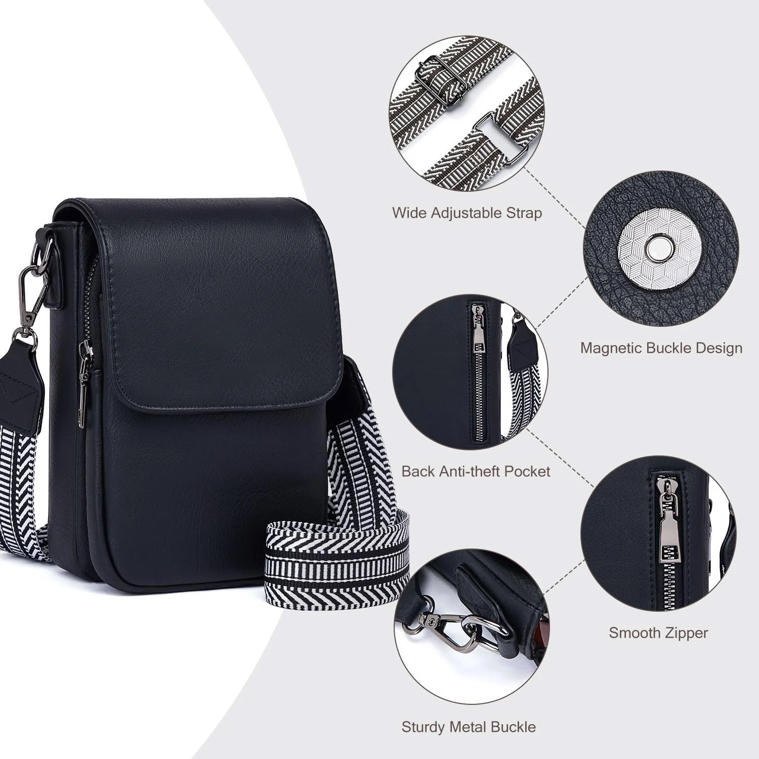 Lohol Small Crossbody Bags for Women Trendy,Leather Triple Compartment Cell Phone Crossbody Wallet Purses with Card Slots（black）