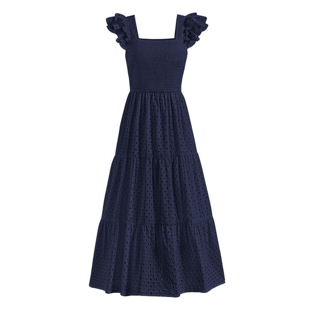 Vestido largo PRETTYGARDEN de algodón azul marino con cuello cuadrado para mujer