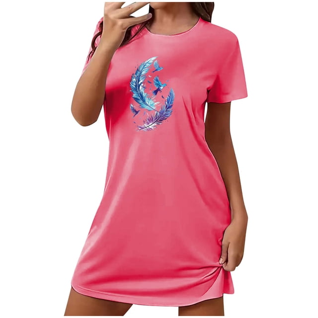 Mrat Pyjama d'Été pour Femmes Robe de Nuit pour Femmes Vêtements de Nuit Manches Courtes Chemise de Nuit Décontractée Imprimée Robe de Sommeil Ample Confortable Pyjama Nuisette S-92 Rose Vif P
