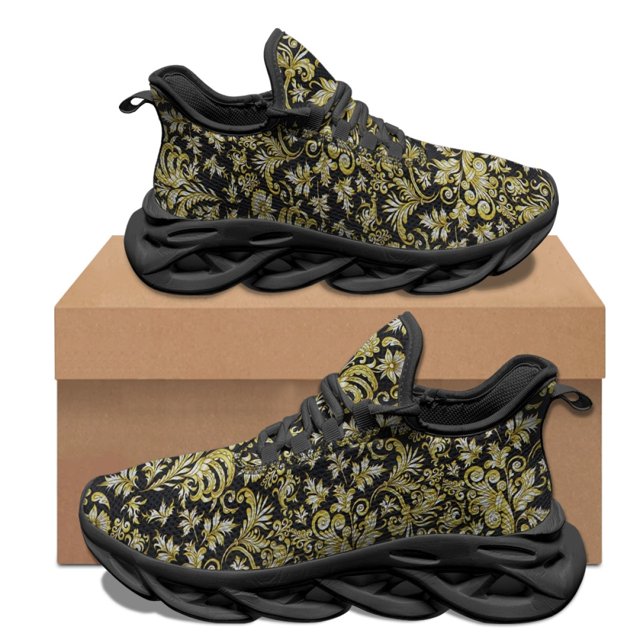 Zapatillas de baloncesto cómodas con estampado barroco dorado y negro, antideslizantes, con amortiguación, transpirables, con cordones y vulcanizadas.