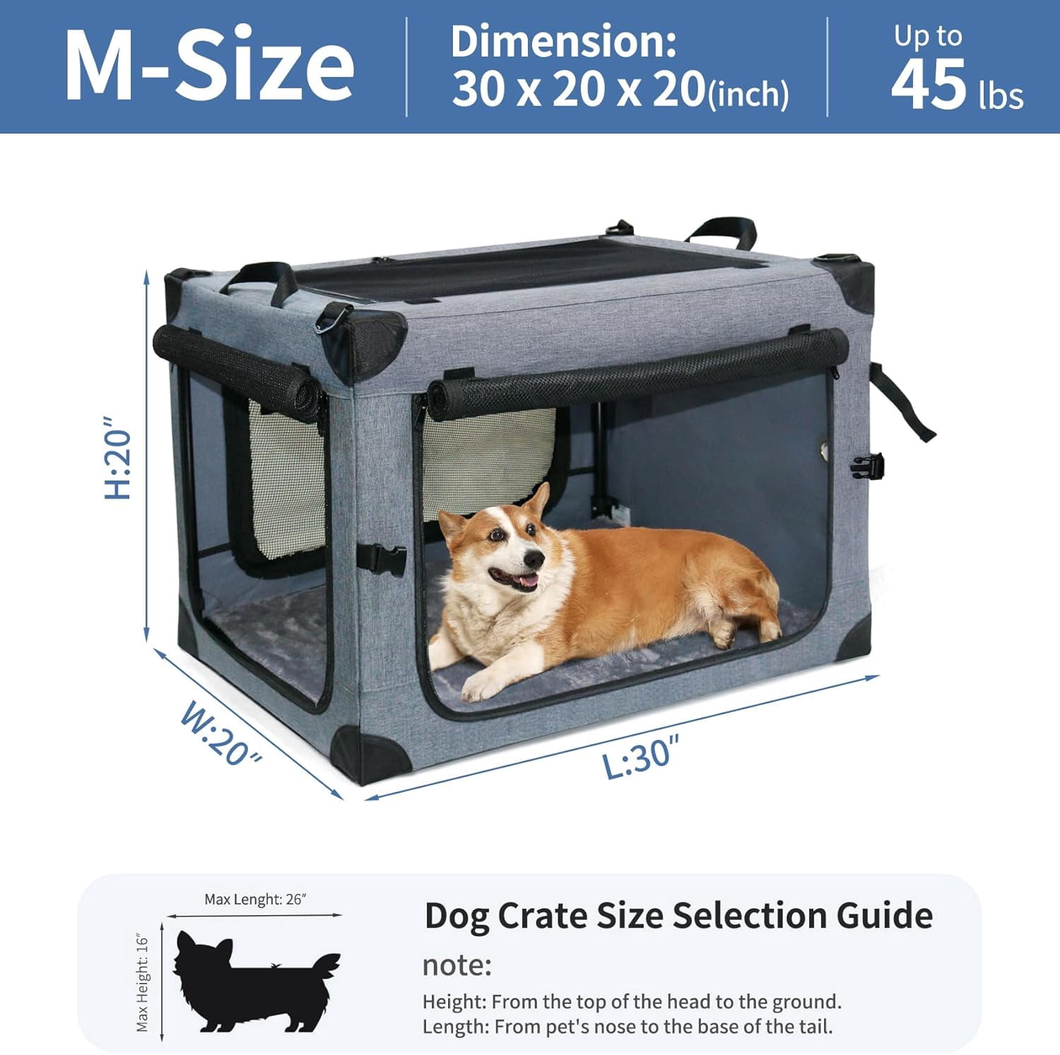 Collapsible Dog Crates for Large Dogs Portable Soft Sided Travel Dog Carrier for Indoor & Outdoor, 4-Door Foldable Pet Kennel with Durable Mesh Windows (Gray, 30.0" L x 20" W x 20.0" H)
