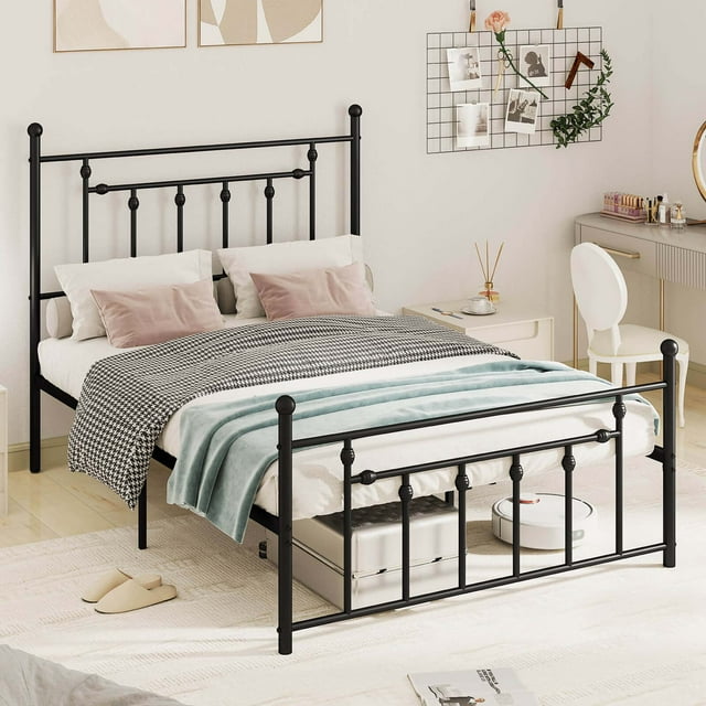 Costway Cadre de Lit en Métal Format Double avec Tête de Lit, Rangement sous le Lit, Base de Matelas