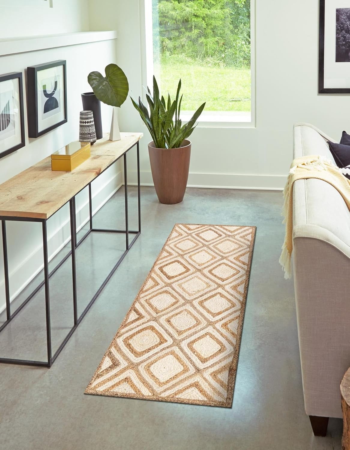 Indian Handmade Braided Natural Jute with White Box Rectangular Design Area Rug 2 x 5 Feet (61 cm x 152 cm), Floor Decor Rugs/Carpet