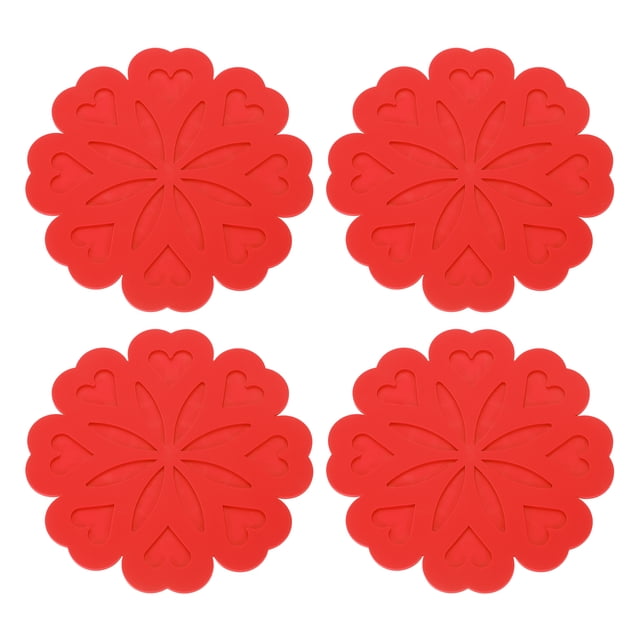 Uxcell 4 Pack Manteles de Silicona Trivet, Protector de Mesa de Silicona con Patrón de Flores, Mat de Resistencia al Calor para Encimera, Platos Calientes, Ollas y Sartenes, Rojo