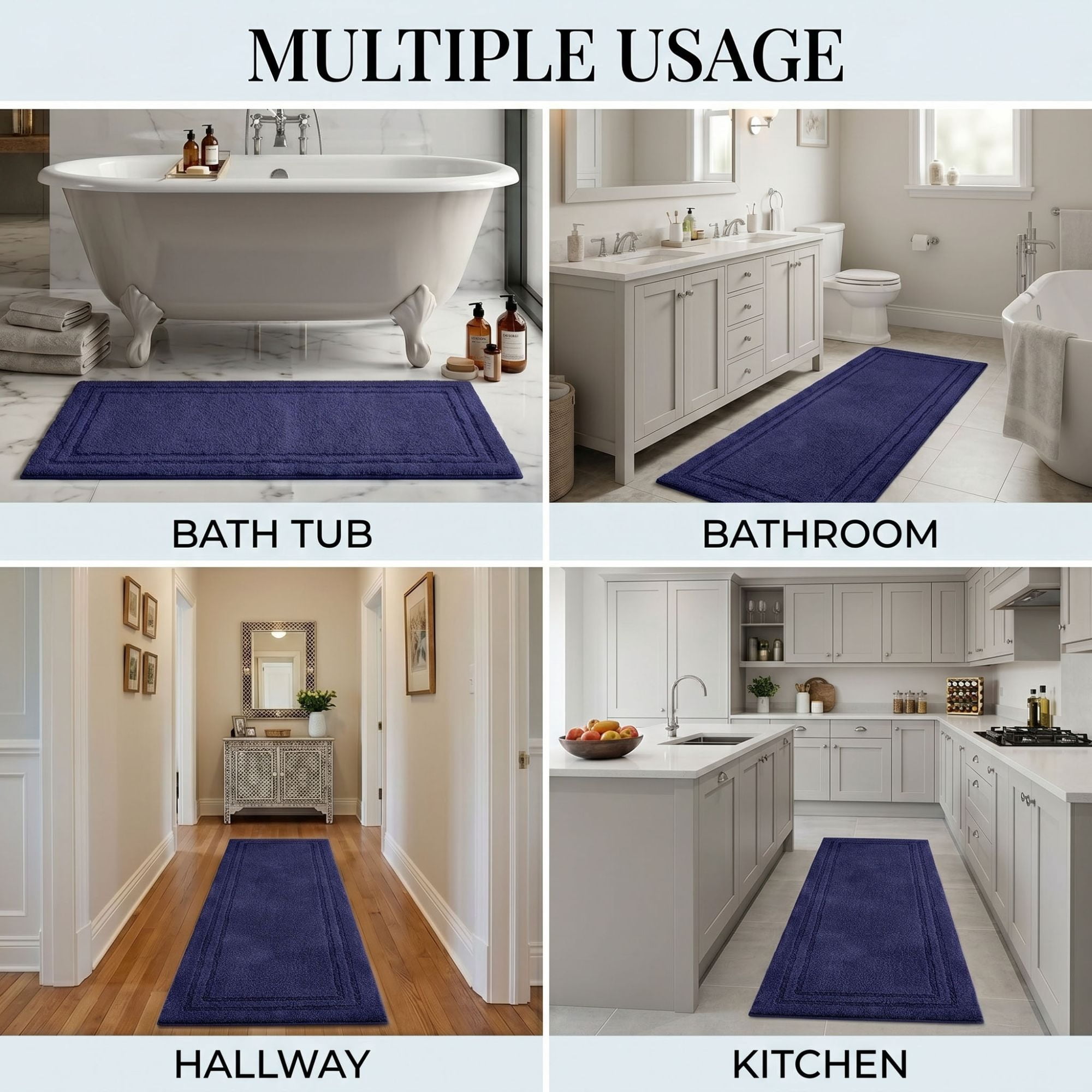 Superior Solid Bordered Cotton Washable Non-Slip Bath Rug, Runner Size, Navy Blue