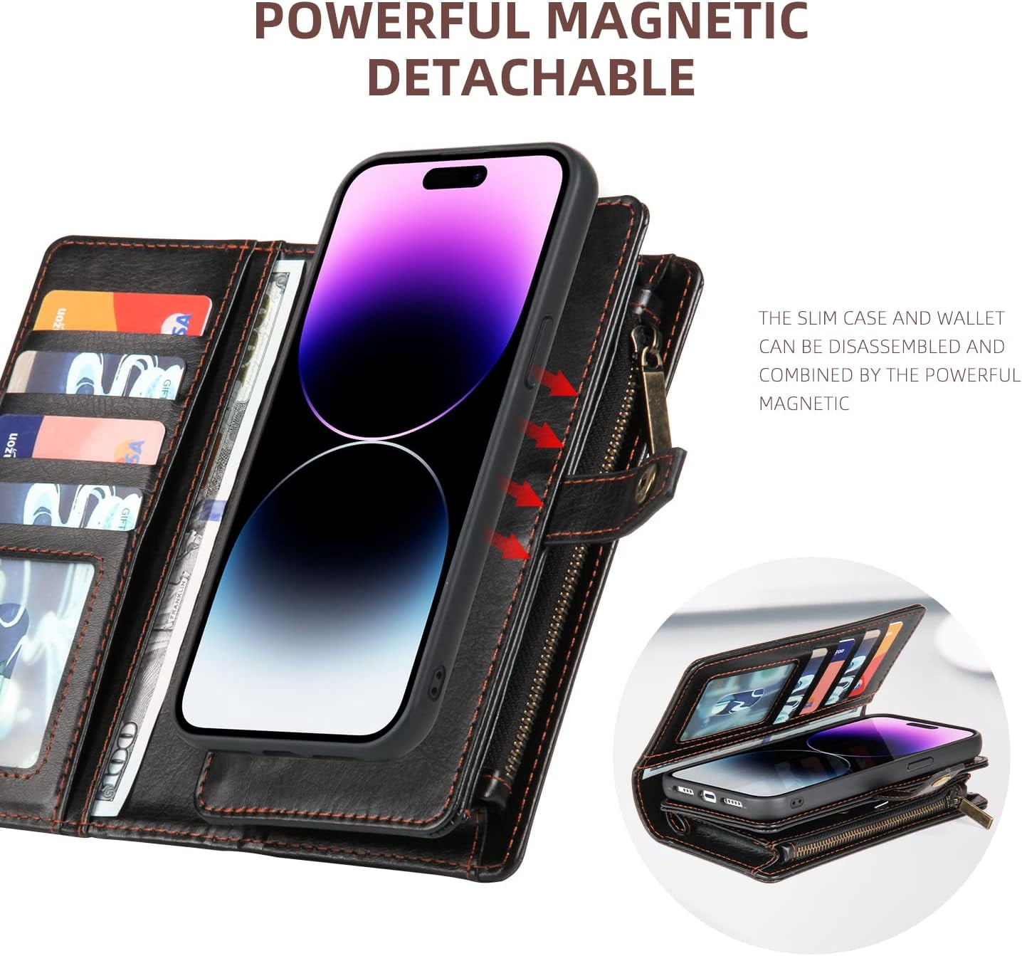 Phone Case Wallet Case Compatible for iPhone 15,iPhone 15 Multifunctional 2 in 1 Magnetic Case Wallet,Durable PU Leather Flip Lanyard Strap Wristlet Zipper Card Holder  for iPhone 15