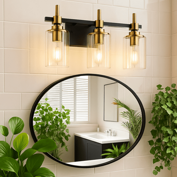 Textured Glass Bathroom Vanity Light 3-Light Brass Wall Light Fixtures over Mirror Black and Gold Vanity Lighting for Bathroom Wall Sconce