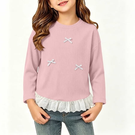 Crunowin Girls Ribbed Base Layer Shirts Bow Lace Trim Round Neck Spring Fall Lightweight Comfortable Tops Pink Size 11-12 Years