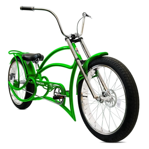 Tracer Leopard GT Chopper Stretch Cruiser Bike, 26" Wheel, Triple Tree Fork, Front Disc Brake, Rear Coaster Brake, 1-speed, for Men, Green