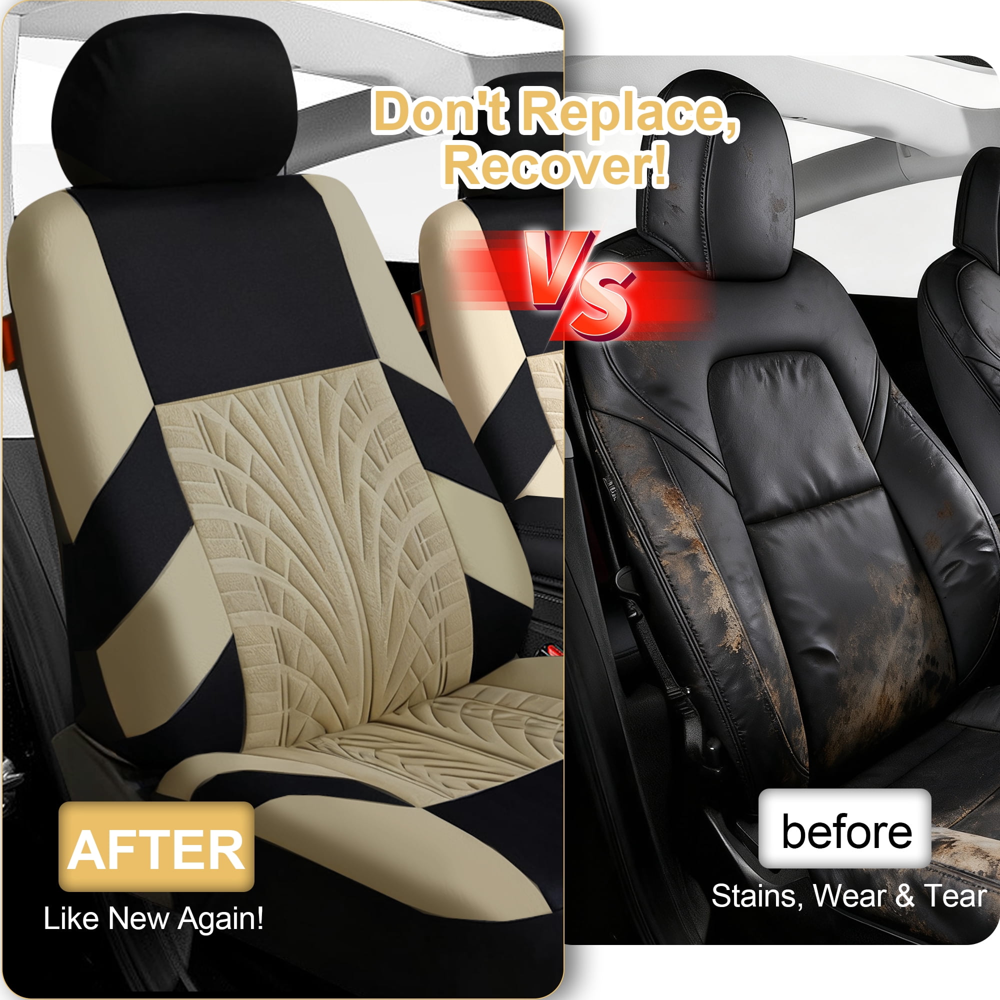 FLORAY 9-Piece Car Seat Covers Full Set - Airbag Safe, Thickened Quilted Cloth, Machine Washable - Universal Fit for Cars, SUVs & Trucks (Solid Rear Bench), Beige