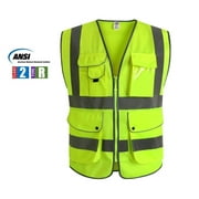 Multiple Pockets Class 2 High Visibility Zipper Front Safety Vest With Reflective Strips, Yellow Meets ANSI/ISEA Standards (Large)