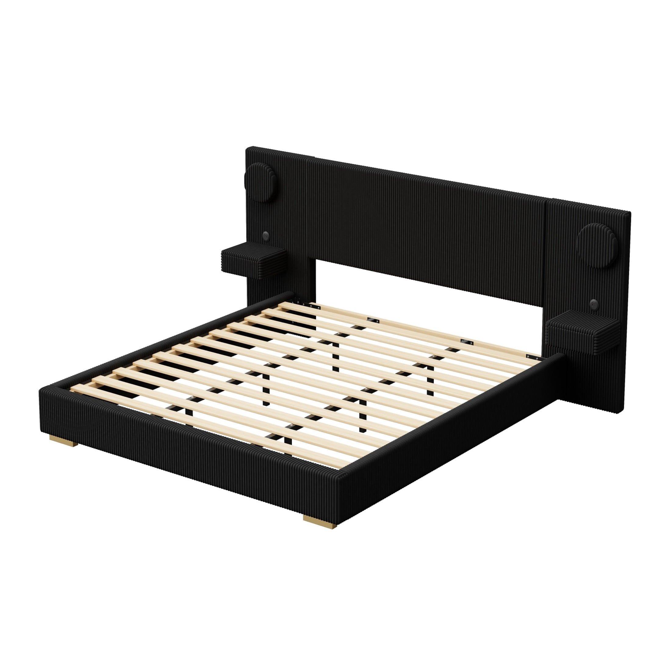 Noble House Dellas King Size Upholstered Platform Bed with LED Lights, Charging Ports & Side Storage Drawers, Black