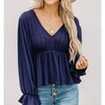 thumbnail image 3 of Long Sleeve Top V Neck Flared Sleeves Ruffle Hem Loose Fit Breathable Women Blouse for Fall Winter Navy Blue L, 3 of 6