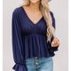 thumbnail image 3 of Top de manga larga con cuello en V, mangas acampanadas, dobladillo con volantes, ajuste holgado, blusa transpirable para mujer para otoño invierno, azul marino XL, 3 of 6