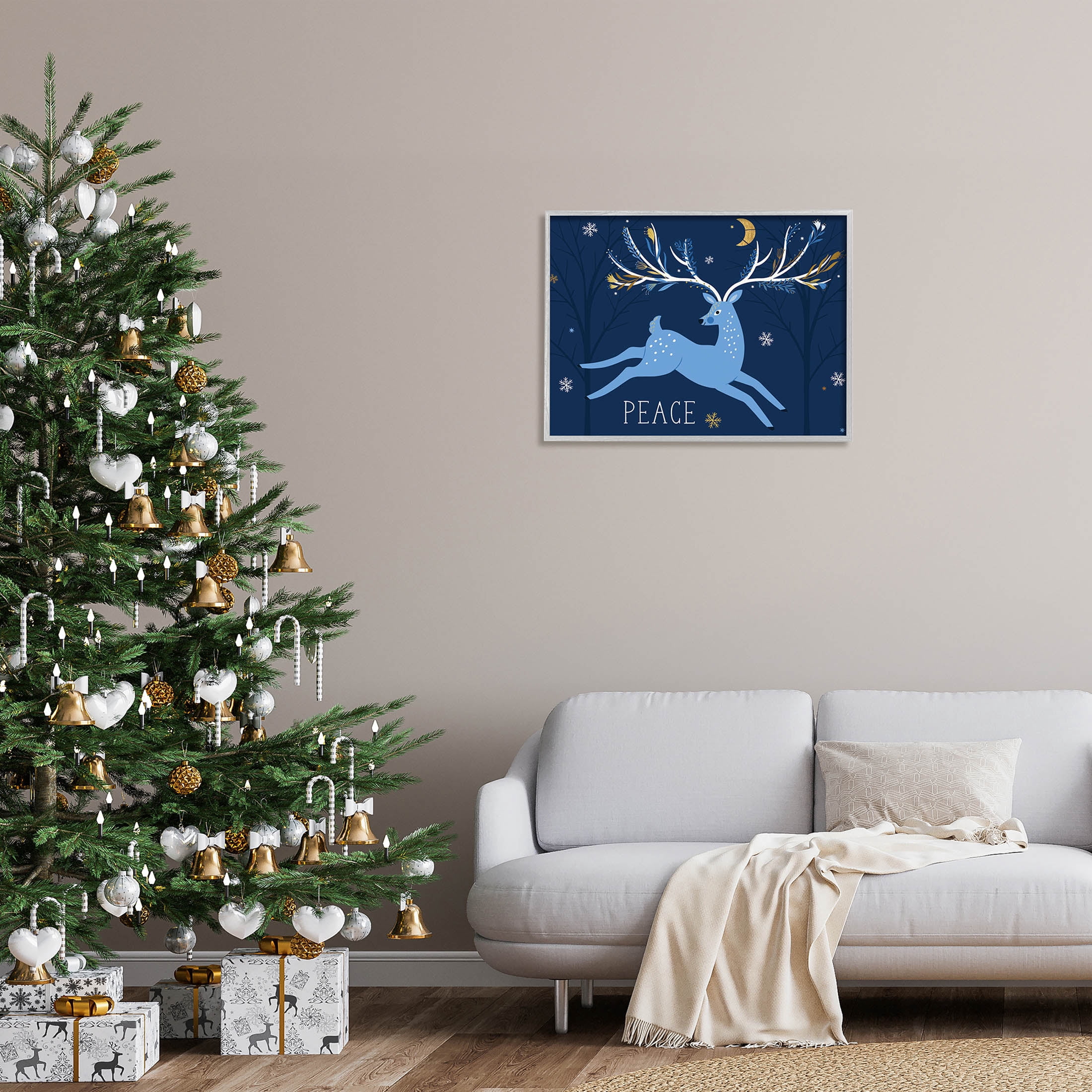 Peace Jumping Deer Snowflakes Holiday Graphic Art Gray Framed Art Print Wall Art