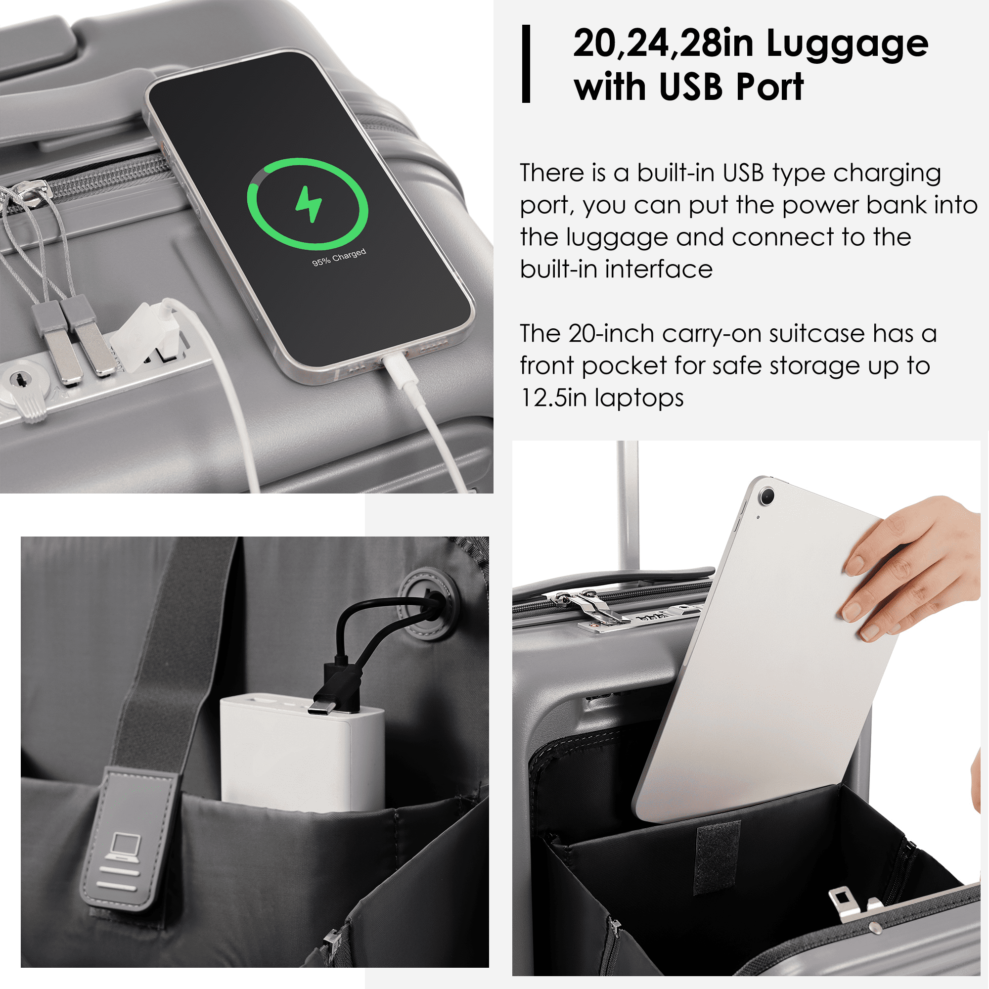 Euroco 4 Piece Luggage Sets,20" Carry-On Luggage with Front-Opening & Cup Holder,20/28inch Suitcase Set with USB Port,TSA Lock, Spinner Wheels,Travel Duffel Bag & Dry Toiletry Bag,Grey