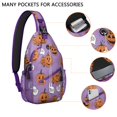 thumbnail image 2 of Sling Backpack,Purple Halloween Pumpkins with Boo Sling Bag with Water Bottle Holder,Waterproof Sling Bag for Men/Women with Headphone Jack for Hiking,Travel, 2 of 6