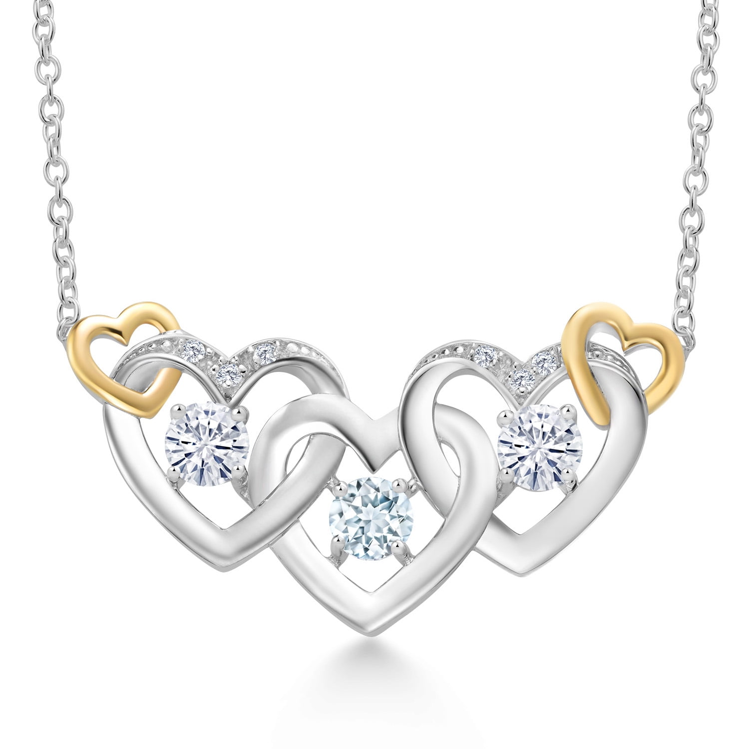 Gem Stone King 925 Silver and 10K Yellow Gold Sky Blue Aquamarine White Moissanite and White Lab Grown Diamond Heart Shape Pendant Necklace for Women (0.77 Cttw, with 18 inch Chain)