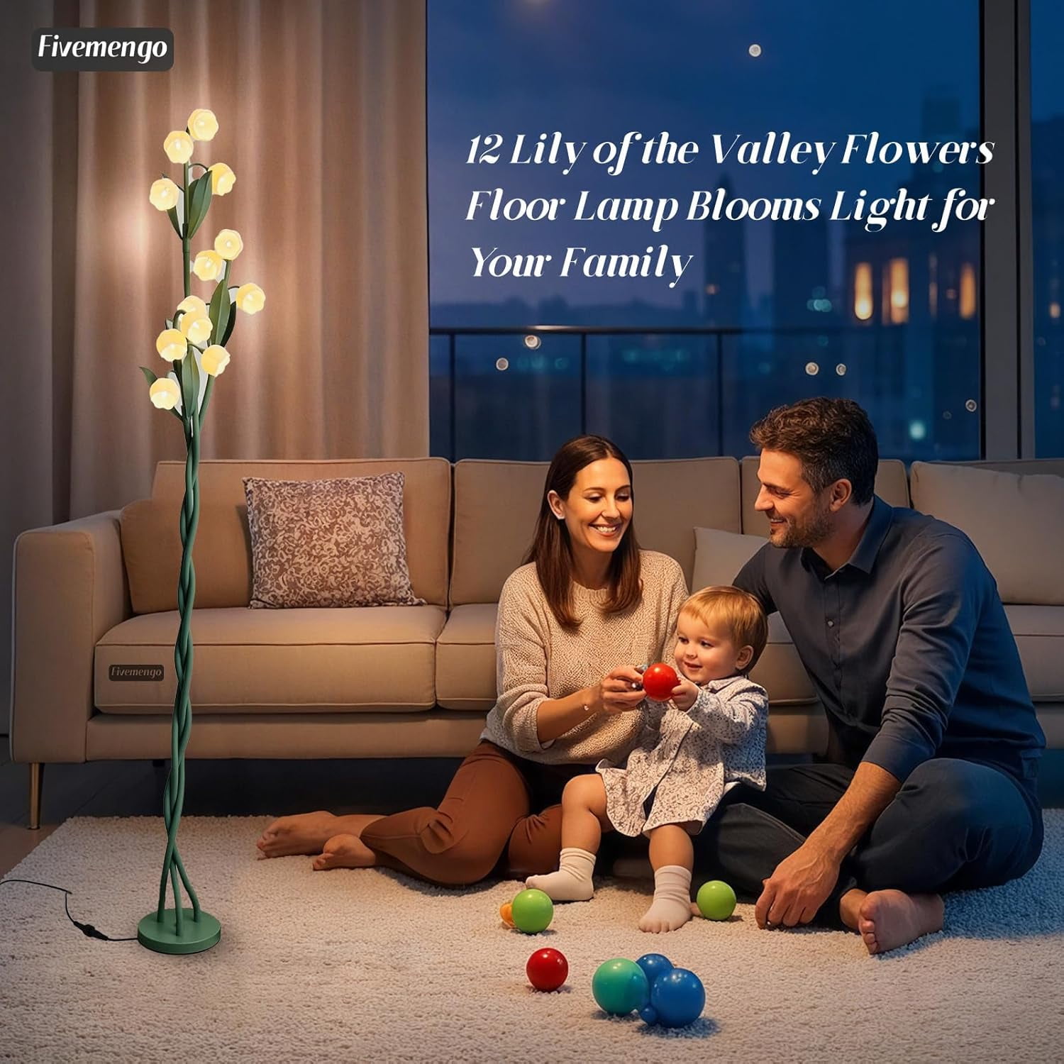 12 Heads Flower Floor Lamp, Lily of The Valley Green Flower Lamp, 63-Inch 3 Flexible Stems Vintage Corner Standing Cute Tall Light for Living Room Kids Girls Bedroom, Bulbs Included