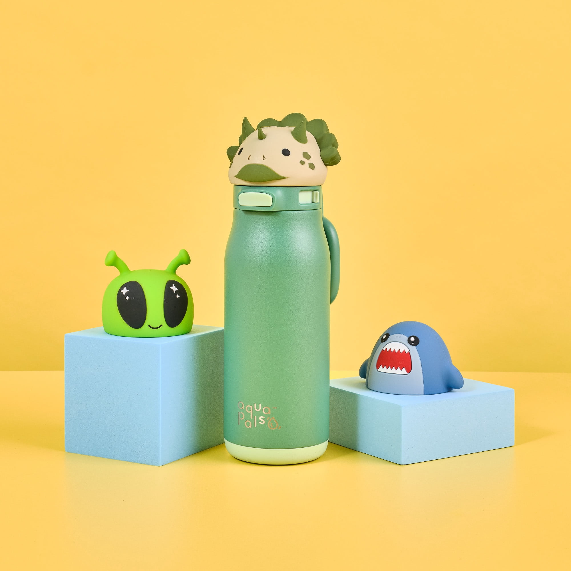 Aqua Pals 14oz Green Water Bottle with Interchangeable Dino, Alien & Shark Heads