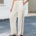 thumbnail image 2 of ManxiVoo Women's Crochet Panel Linen Pants – Elastic Waist High Waisted Wide Leg Casual Summer Beach Trousers, 2 of 8