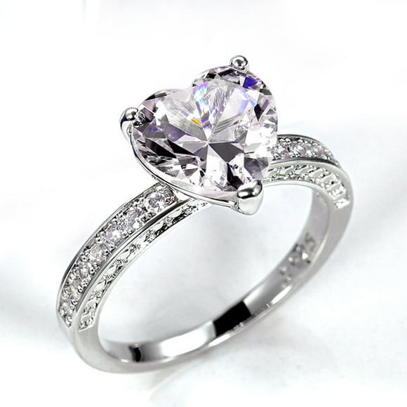 Vadktai Simulated Zirconia Heart-shaped Diamond Halo Engagement Ring with Side Stones Promise Bridal Ring