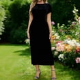 thumbnail image 2 of VEKDONE Velvet Maxi Dress for Women Short Sleeve Crewneck Smocked Waist Dress Solid Color Slim Fit Pleated Long Dress Cocktail Dresses Black M, 2 of 7