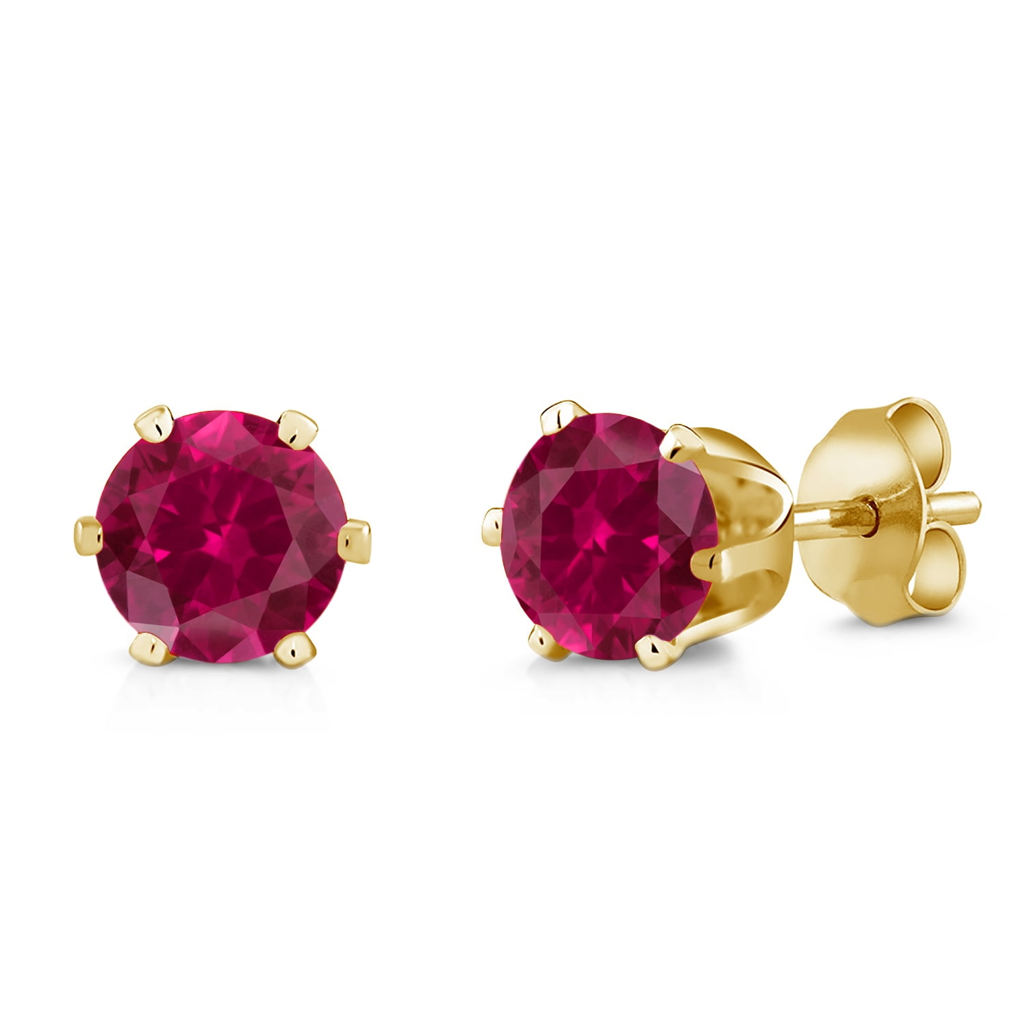 Gem Stone King 3.10 Ct Round 7mm Red Created Ruby Brass Yellow Gold Plated Brass Stud Earrings for Women Men